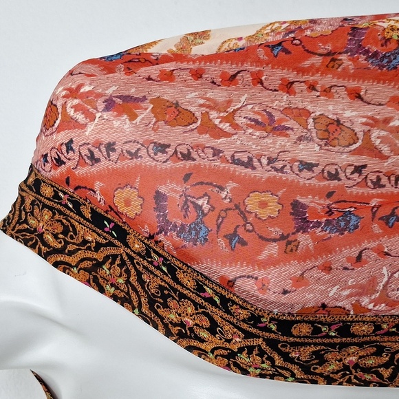 Entro Red Orange Paisley Print Hippie Bohemian Wide Sleeve Fringe Hem Kimono -M - Picture 9 of 12